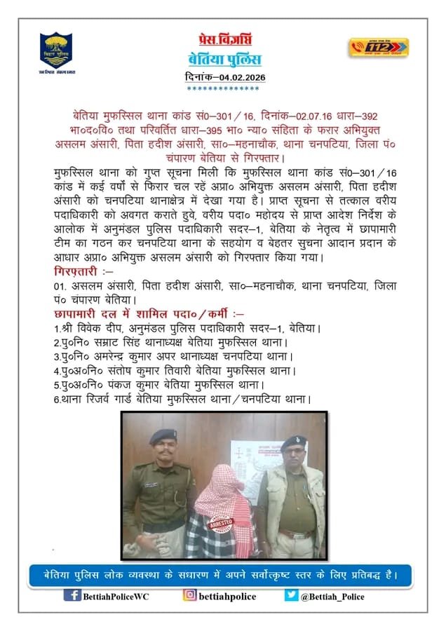 बेतिया पुलिस को बड़ी सफलता: 10 साल पुराने संगीन अपराध का वांछित आरोपी गिरफ्तार